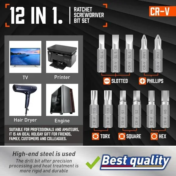 12-in-1 Multi Bit Screwdriver, Ratchet Screwdriver, 60-Degree Adjust Precision S - Picture 4 of 8